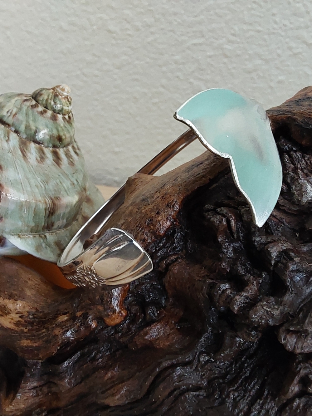 Silver Cuff Bracelet with Seafoam Enamel Accent - Women Accessories